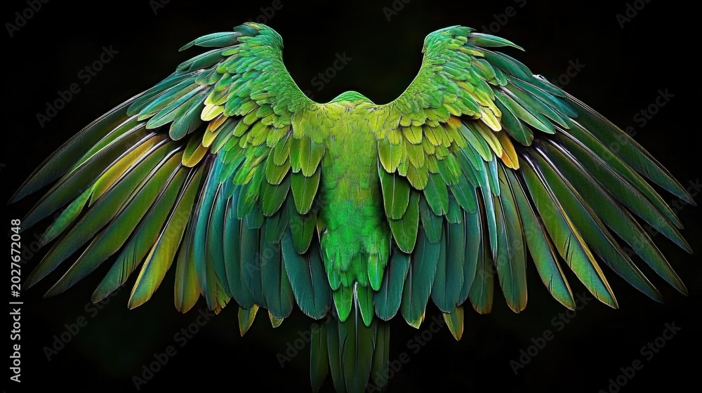 Fototapeta premium Majestic spread of vibrant green parrot wings with layered iridescent feathers on a dark background, evoking awe and serenity