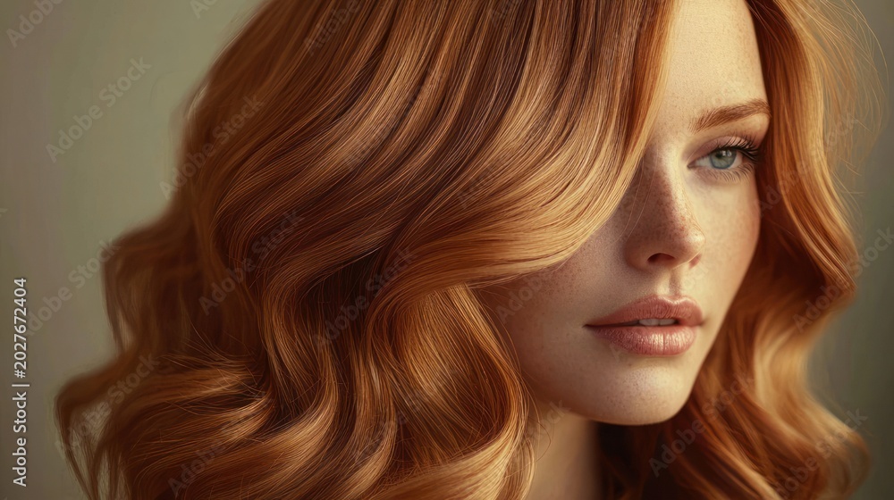 Naklejka premium Close-up portrait of a young woman with long wavy red hair, freckles, green eyes and a serene, contemplative expression