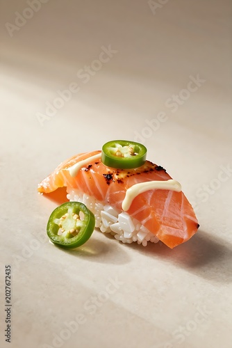 Aburi salmon oshizushi with jalapeno and creamy sauce on stone