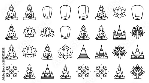 Schilderij op canvas Buddhist Icons Set: Buddha, Lotus, Pagoda, Dharma Wheel, Lanterns - Line Art Col