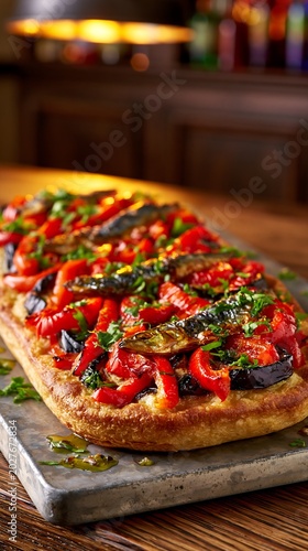 Catalan coca de recapte pizza with roasted peppers and sardines
