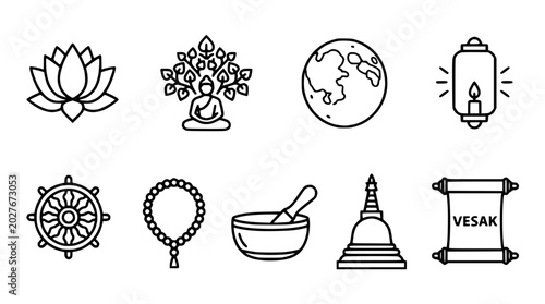 Fotografie Buddhism Symbols Collection: Lotus, Buddha, Earth, Lantern, Dharma Wheel, Mala,