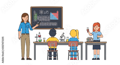 Science Class with Teacher and Students Learning Chemistry.