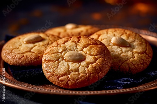 Traditional Turkish acibadem kurabiyesi biscuits on a copper plate