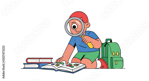 Curious Child Exploring Book with Magnifying Glass.