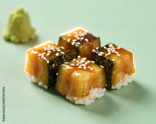 Kanpyo maki sushi with sesame seeds and wasabi on green background