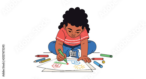 Young child with dark curly hair drawing on paper with crayons.