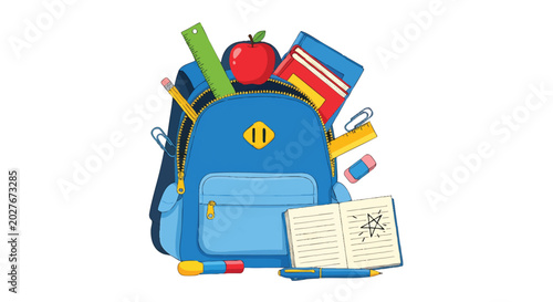 Blue School Backpack with Books and Supplies for Education.