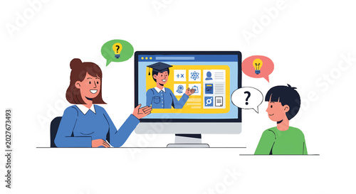Online Education and E-learning with Teacher and Student.