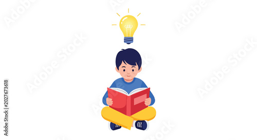 Young Boy Reading Book with Idea Lightbulb Above Head.