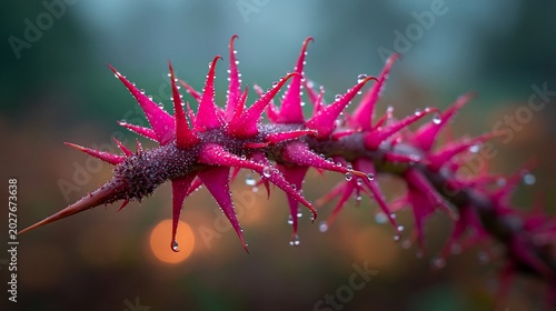 Close up rose thorns with morning dew drops in soft light