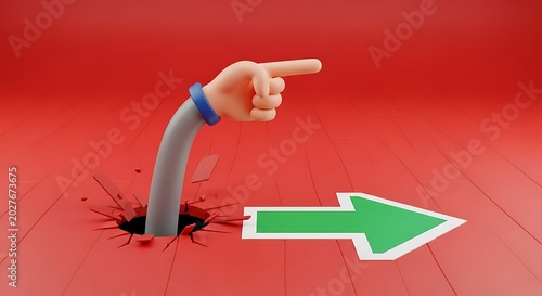 Hand pointing arrow through red surface