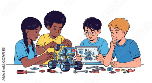 Diverse Group of Kids Building Robot Together in STEM Class.
