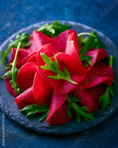Slices of bresaola della valtellina with fresh arugula on a slate plat
