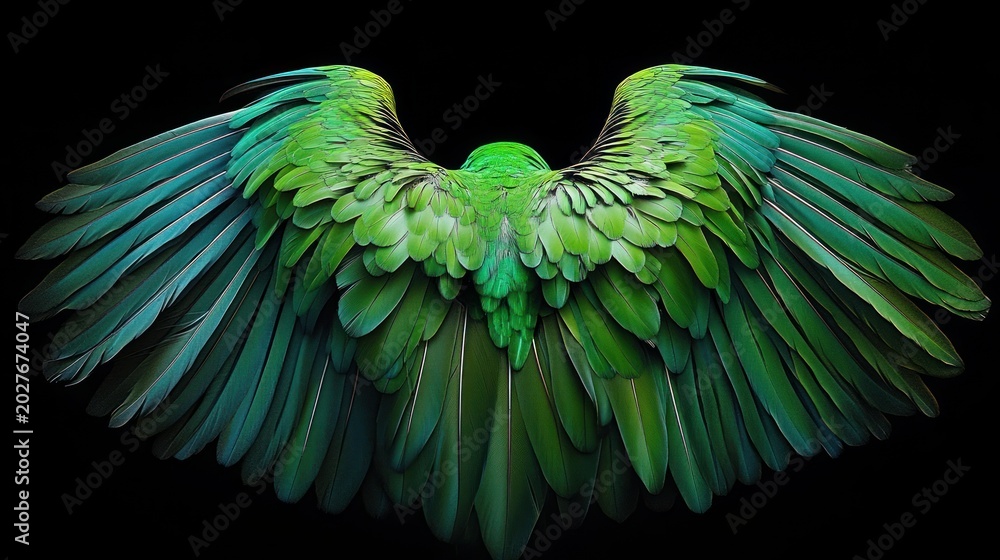Obraz premium green parrot with fully outstretched layered wings against a black background, showcasing intricate feathers and a majestic, serene presence