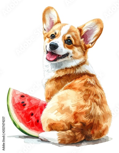 Watercolor Corgi Puppy Looking Back with Watermelon Slice — Happy Summer Dog Illustration