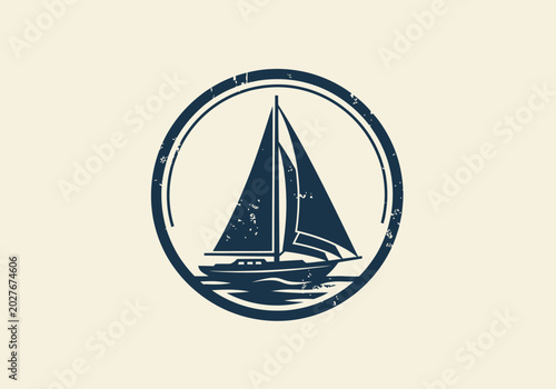 Vintage Sailboat Emblem Design with Distressed Texture for Nautical Themes and Marine Adventures