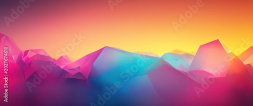 vibrant low poly mountain landscape at glowing sunset, dreamy colorful abstract peaks and serene futuristic horizon