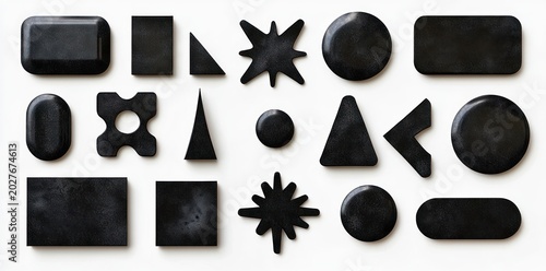 minimalist playful arrangement of black 3d geometric shapes on white background including rectangles, rounded rectangles, circles, triangles, starbursts, pill shapes and a hollow square