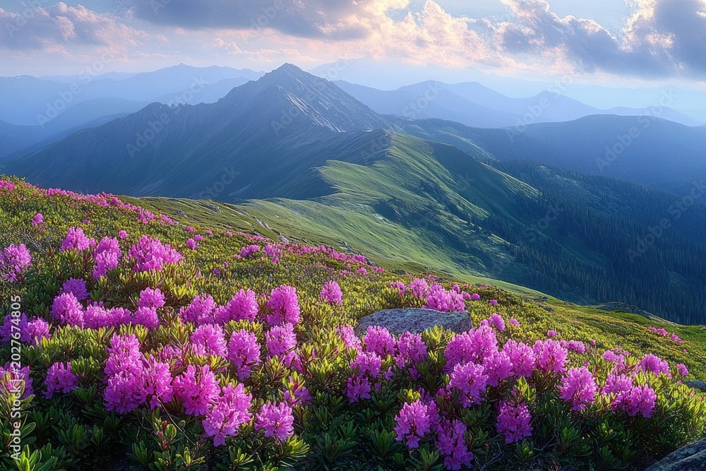 Fototapeta premium vivid pink alpine flowers carpeting a sunlit mountain ridge with rolling blue peaks under a soft clouded sky, a peaceful panoramic vista