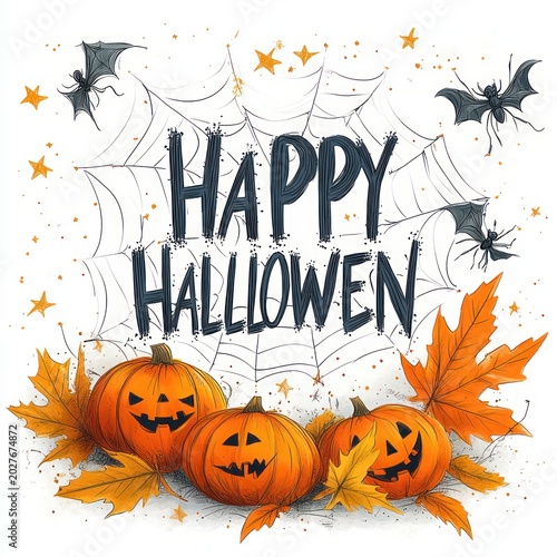 three carved jack-o'-lantern pumpkins with smiling faces among orange autumn leaves, bats, a spider on a large cobweb and a playful spooky happy halloween greeting