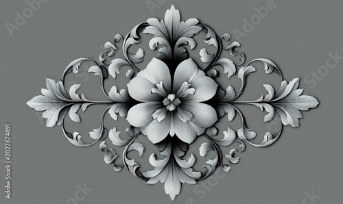 symmetrical embossed floral ornament featuring a central layered flower with scrolling acanthus leaves, elegant calming decorative relief