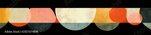 horizontal abstract composition of overlapping circles and semicircles in muted orange, teal, cream and pink with grunge texture and black top and bottom bands, evoking nostalgic calm