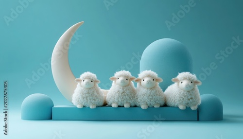 four fluffy white toy sheep lined up on a pastel turquoise platform with a crescent moon and rounded dome shapes, creating a calm dreamy nursery scene