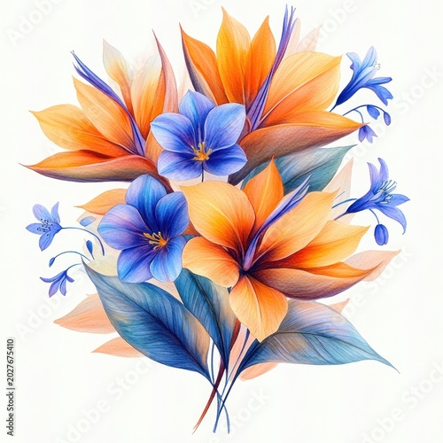 vibrant bouquet of large orange blooms and delicate blue blossoms with teal leaves on white background, elegant and cheerful