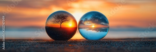 Two glass spheres on a sandy beach at sunset reflecting a solitary tree and inverted seascape, soft golden and blue light, calm and contemplative atmosphere