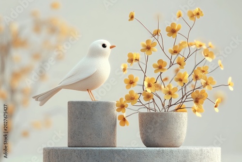 small white bird perched on a concrete block beside a potted arrangement of delicate yellow flowers on a minimalist platform, serene and peaceful scene