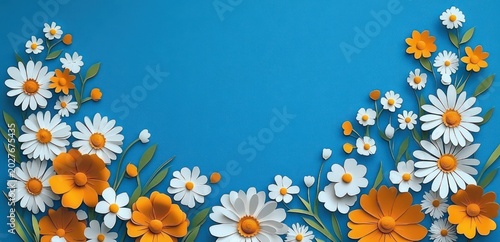Cheerful layered paper-cut white daisies and orange blossoms with green leaves on bright blue background conveying joy