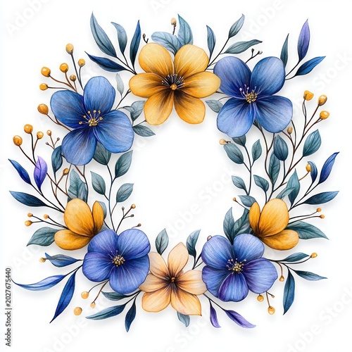 delicate circular wreath of blue and golden-yellow blossoms with green leaves and small golden berries, a serene elegant floral frame with blank white center