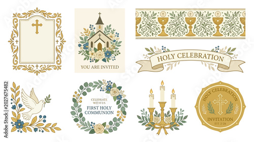 Vector illustrations of gold religious celebration elements with church cross and Easter floral wreath on white background