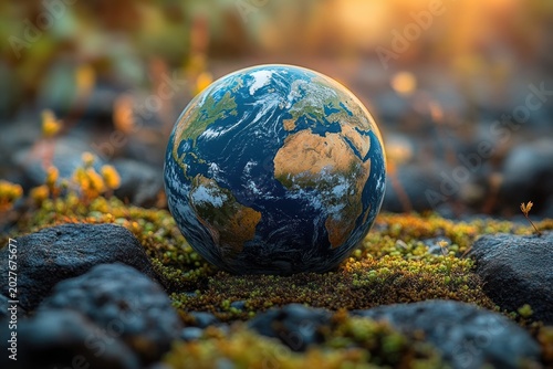 Small Earth globe resting on mossy rocks bathed in warm golden sunlight, evoking wonder and hope