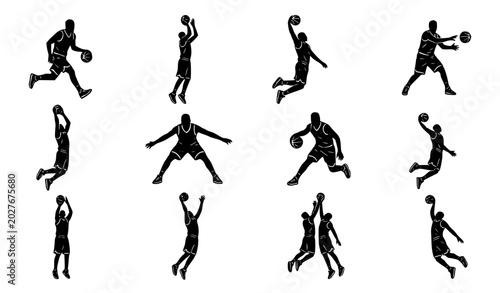 Quadro su tela Black and white basketball player silhouette set with dynamic action poses vecto