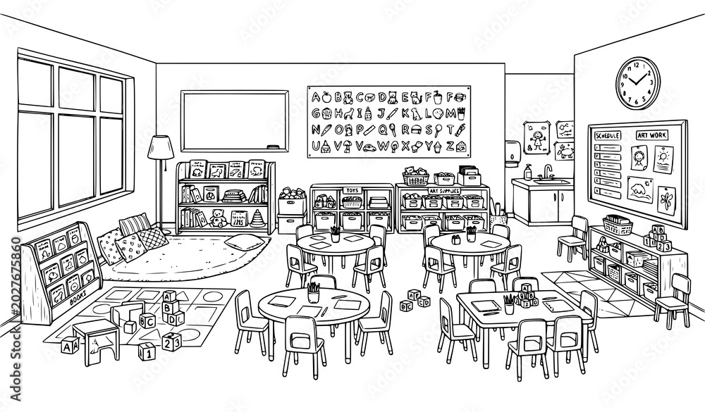 Obraz premium Hand drawn preschool classroom interior line art vector illustration with educational tools and kids learning environment
