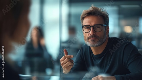 two colleagues in a modern glass-walled office engaged in a focused, intense discussion as a man gestures while a woman listens attentively