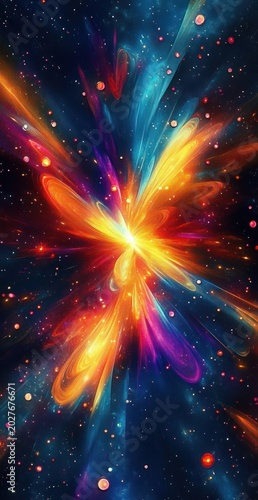 radiant cosmic explosion with swirling blue orange purple and yellow light streams, scattered glowing particles and stars, evoking awe and energetic wonder
