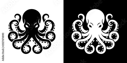 Foto Iconic black and white octopus illustration, stylized cephalopod graphic art