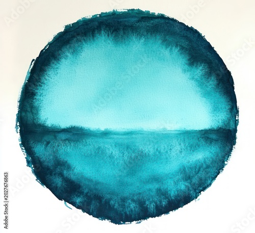 serene teal circular watercolor with central horizontal horizon line, textured edges and soft gradient suggesting a tranquil seascape
