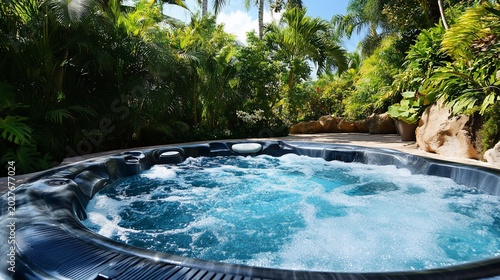 Serene Hot Tub Oasis Surrounded by Lush Tropical Greenery and Blue Skies