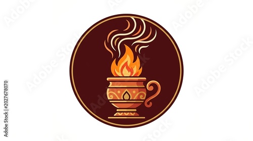Decorative coffee cup with rising steam, circular emblem style on a dark brown background