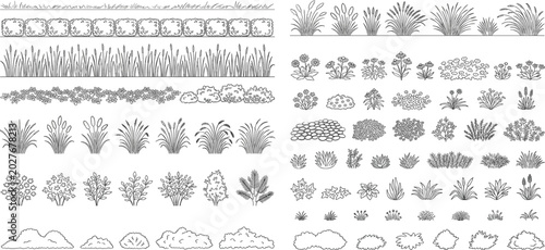 Extensive Vector Line Art Set of Hand-Drawn Garden Bushes, Ornamental Grasses, and Lush Greenery Elements for Landscape Design, Architectural Plans, and Urban Planning Projects