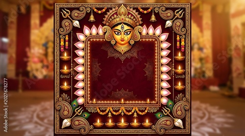 Decorative frame featuring goddess durga face with traditional oil lamps for durga puja celebration