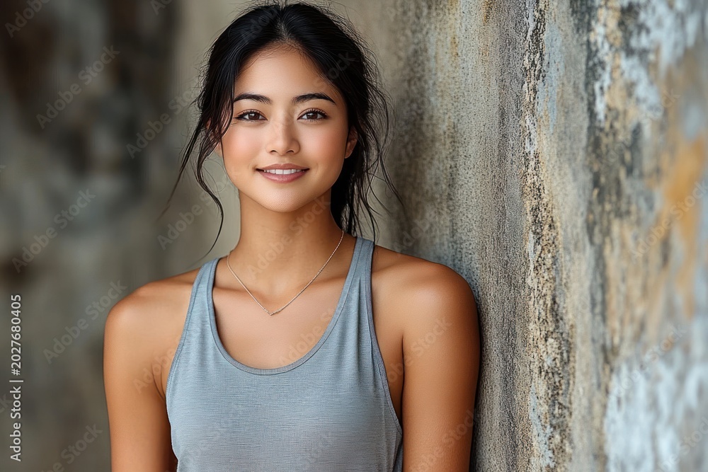 Fototapeta premium woman leaning against weathered concrete wall in grey tank top, relaxed and contemplative pose showing bare shoulders and delicate necklace