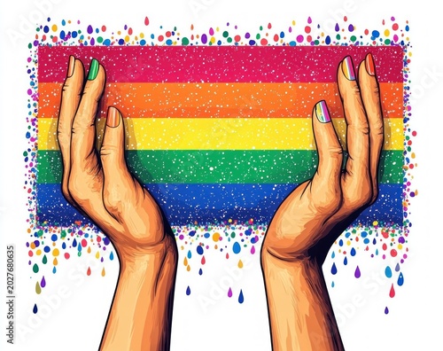 Two cupped hands with multicolored nail polish holding a sparkling dripping rainbow flag with colorful paint droplets and splatter, conveying protection, celebration and solidarity