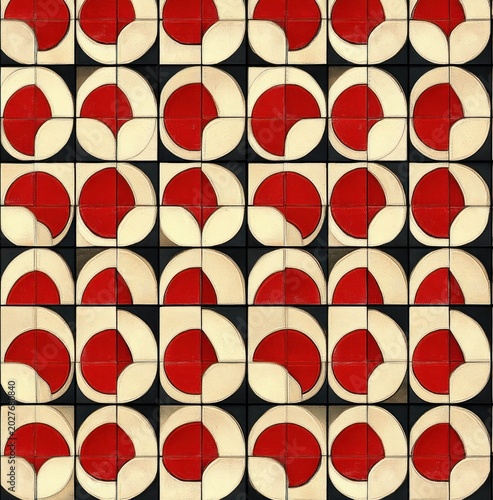 repeating geometric tile grid with red circles and cream crescent shapes on black squares creating a playful rhythmic retro pattern