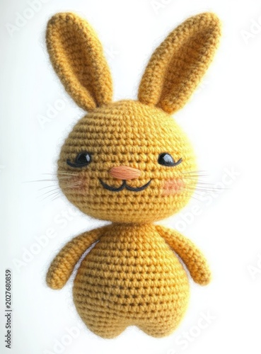 handmade yellow crocheted bunny with long ears, smiling face, stitched whiskers and rosy cheeks, soft amigurumi toy with a playful cheerful expression