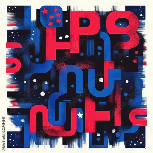 bold overlapping red and blue rounded typographic shapes with stars, white dots and spray paint textures, dynamic brush streaks conveying energetic playful urban mood